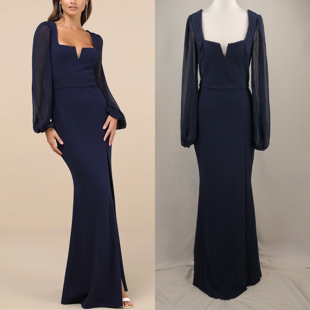 Lulu's Composed Elegance Navy Balloon Sleeve Mermaid Gown, Navy Blue, Small